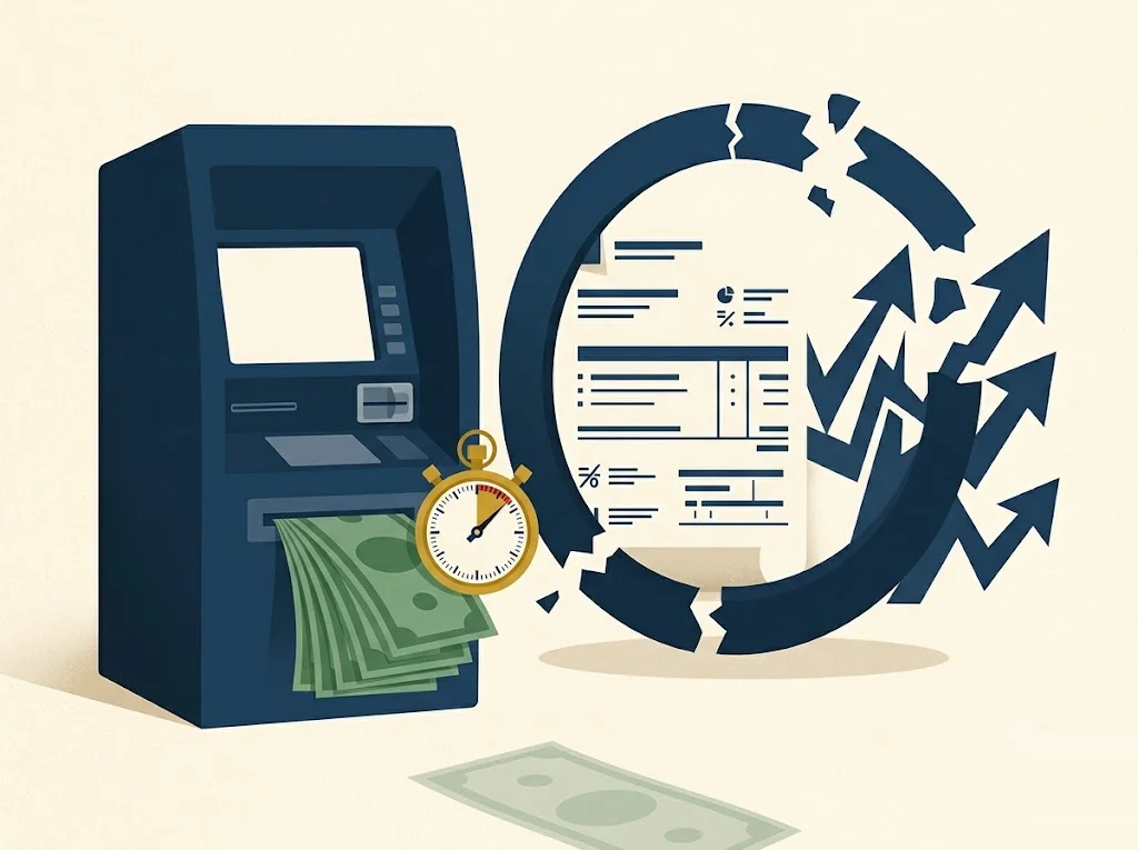 A navy ATM dispensing bills beside a mustard interest meter that starts ticking at the moment of withdrawal, with a small no-grace-period stamp — why a credit card cash advance charges interest from day one.