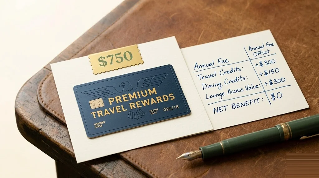 Premium credit card on cream paper with a small mustard banner reading "$750" above it and a hand-written calculation worksheet beside — credit card sign-up bonus math after spend, fees, and tax.