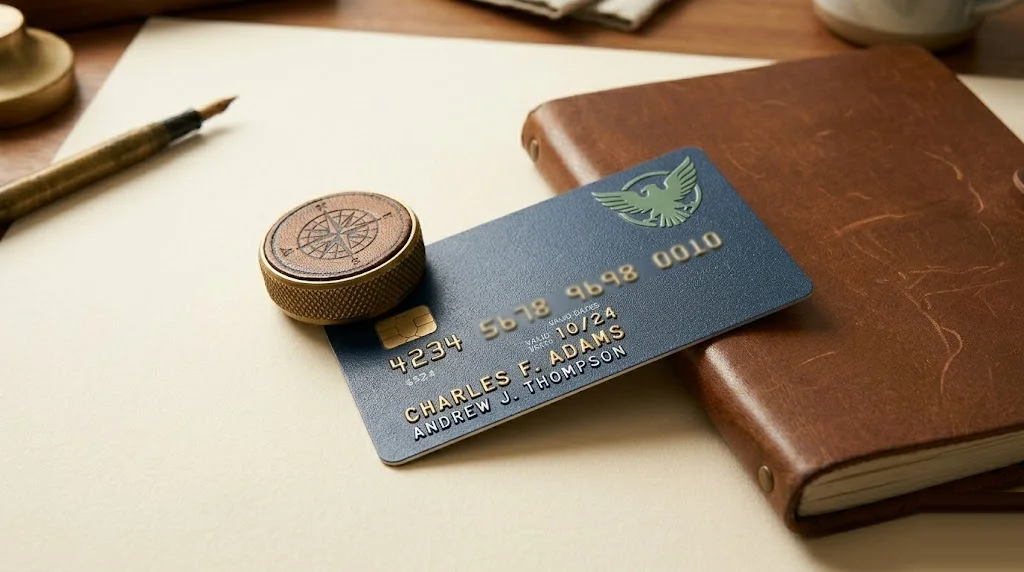 Single embossed credit card on a paper-cream surface with two names on the front (the second smaller) beside a brass paperweight — authorized user piggybacking to build or repair credit history.