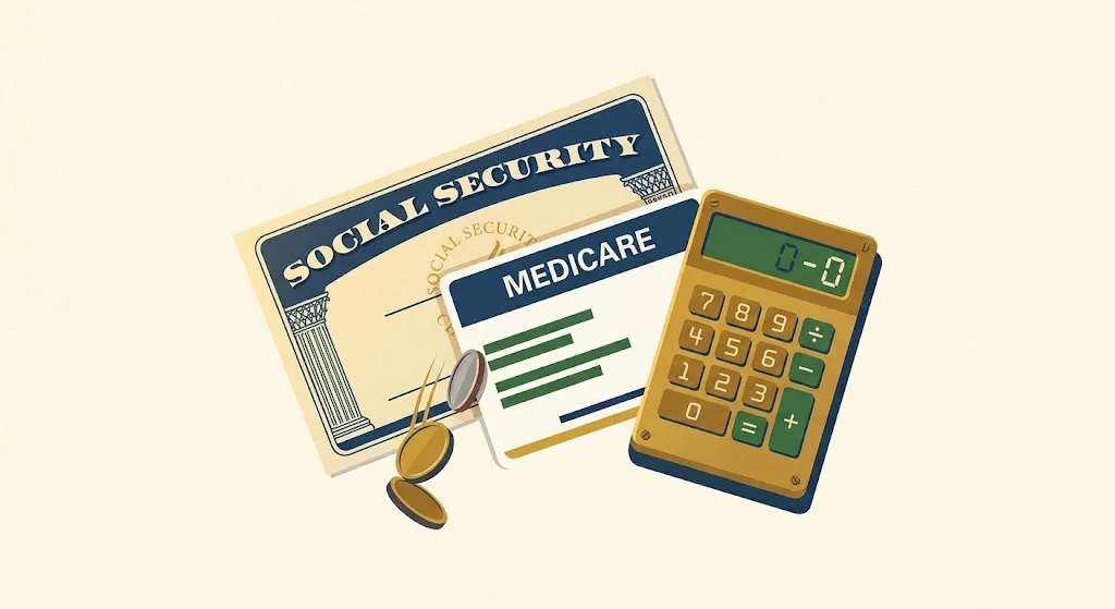 Social Security check partly covered by a Medicare card with a brass calculator beside them and coins sliding toward the card — how the Medicare Part B premium absorbs part of the 2027 COLA.
