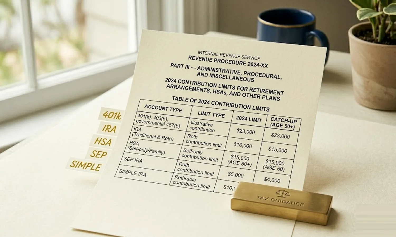 IRS revenue procedure on cream paper with a contribution limits table and account-type labels in mustard along the margin — 2025-2026 retirement contribution limits.