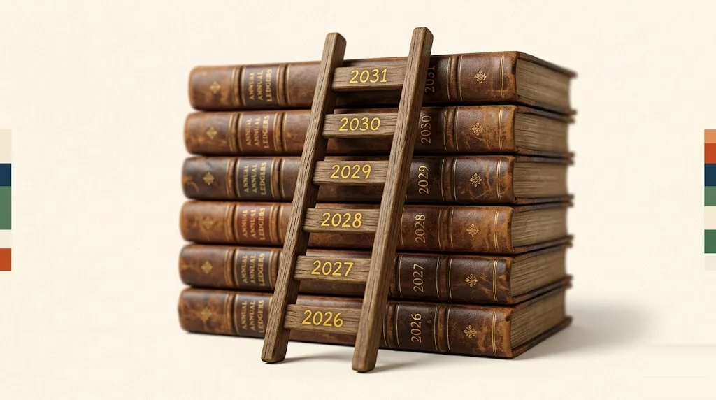 Small wooden ladder leaning against a stack of leather-bound annual ledgers, each rung labeled with a year from 2026 to 2031 in mustard ink — Roth conversion ladder year-by-year FIRE tax strategy.