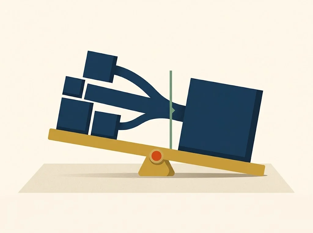 Editorial illustration of two student-loan statements merging into one with a blended payment-count dial, representing the PSLF weighted average after consolidation