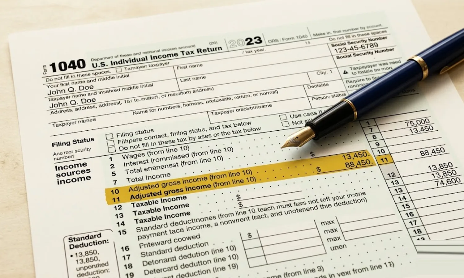 Printed IRS Form 1040 on a cream desk with the AGI line 11 box highlighted in mustard yellow ink and a navy fountain pen pointing toward it — adjusted gross income line by line.