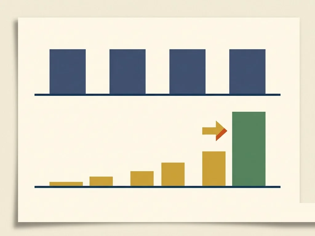 Editorial illustration of a tax worksheet visualizing the Form 2210 Schedule AI annualized income method, with four uneven income periods rising toward a year-end peak