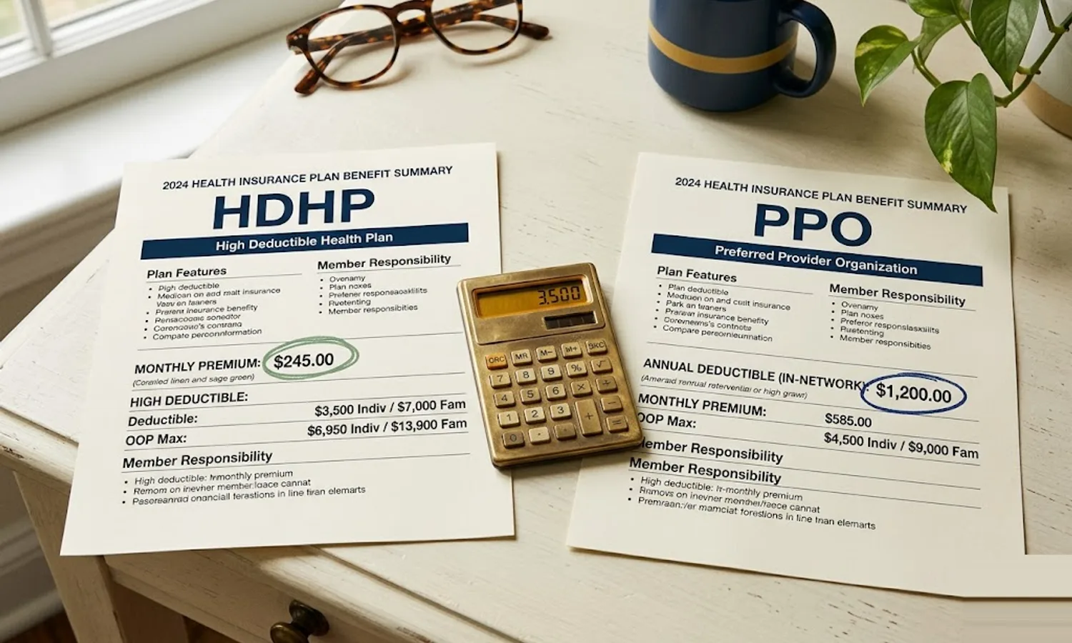 Two health insurance summaries side by side on cream paper with HDHP and PPO labels and a brass calculator between them — comparing high-deductible and PPO plan costs.