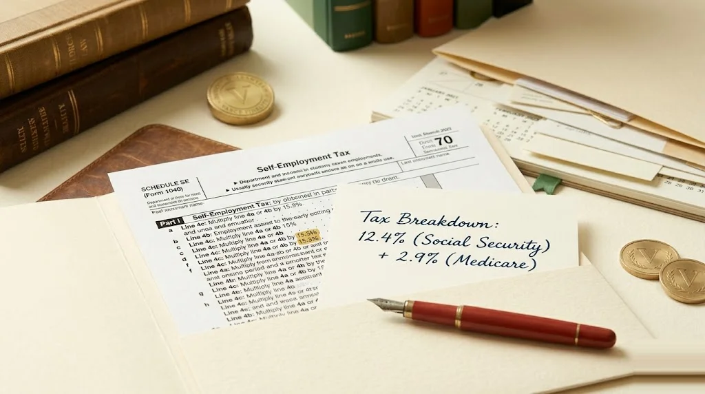 Schedule SE tax form with the 15.3% rate highlighted in mustard and a fountain-pen breakdown showing "12.4% + 2.9%" in navy — Schedule SE self-employment tax math (Social Security + Medicare).