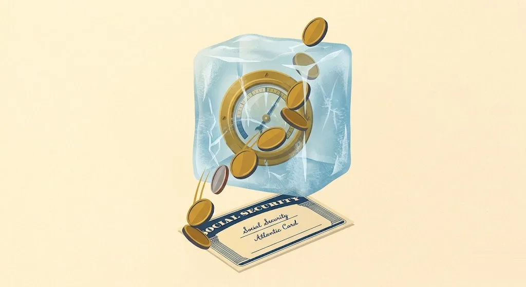 Thermometer gauge frozen inside a block of ice with a Social Security card at its base and a rising line of coins climbing past it — the tax torpedo created by Social Security thresholds frozen since the 1980s.